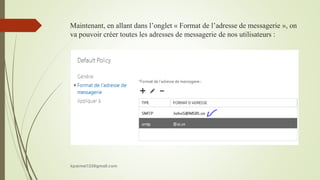 Maintenant, en allant dans l’onglet « Format de l’adresse de messagerie », on
va pouvoir créer toutes les adresses de messagerie de nos utilisateurs :
kparmel123@gmail.com
 
