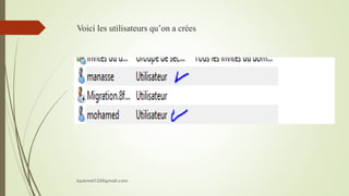 Voici les utilisateurs qu’on a crées
kparmel123@gmail.com
 