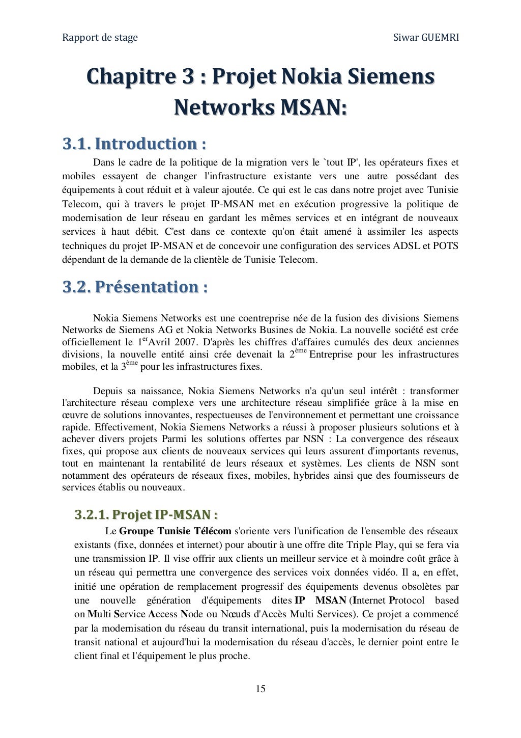 Rapport stage IPMSAN Tunisie télécom