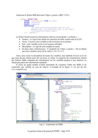 Analysons le fichier MIB décrivant l’objet « system » (RFC 1213) :
           sysName OBJECT-TYPE
               SYNTAX DisplayString (SIZE (0..255))
               ACCESS read-write
               STATUS mandatory
               DESCRIPTION
                       "An administratively-assigned name for this
                       managed node. By convention, this is the node's
                       fully-qualified domain name."
               ::= { system 5 }


     Le fichier fournit toutes les informations relatives à la propriété « sysName » :
         • Syntaxe : il s’agit d’une chaîne de caractères de taille variant entre 0 et 255.
         • Accès : l’accès à cette variable se fait en lecture ou en écriture
         • Etat : cette variable existe et est toujours utilisable.
         • Description : il s’agit du nom complet du nœud.
         • Sa place dans l’arborescence : 5e propriété de l’objet « system » : On en déduit
             que cette variable a pour clé la valeur 1.3.6.1.2.1.1.5.

      Ainsi, nous avons la description de toutes les variables, leur méthode d’accès et la clé
que nous devons utiliser pour lire ou écrire sa valeur. La majorité des constructeurs fournit
des fichiers MIBs contenant des informations sur les variables propres à leur matériel, ne
faisant pas partie des informations standards.
      Il existe un grand nombre d’outils permettant de visualiser l’arbre des MIBs et de
rechercher une variable au sein de celui-ci. L’exemple de la figure 11 est tiré du site
www.snmplink.org.




                                   Fig.11 : Explorateur de MIBs


                    La gestion réseau et le protocole SNMP – Page 15/21
 