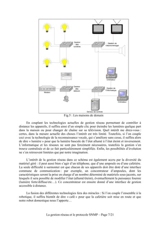 Gestion
                                                                                Gestion de
                                             des
                                                                            l’électroménager
                                           lumières




                                                                             Ordinateur


                                           Gestion
                                             des                              Gestion de
                                           télécom                          l’informatique
                   Modem




                                                                                             Ordinateur




                                                      Serveur de controle

                                   Fig.5 : Les maisons de demain

      En couplant les technologies actuelles de gestion réseau permettant de contrôler à
distance les appareils, il suffira ainsi d’un simple clic pour éteindre les lumières quelque part
dans la maison ou pour changer de chaîne sur sa télévision. Quel intérêt me direz-vous :
certes, dans la mesure actuelle des choses l’intérêt est très limité. Toutefois, si l’on couple
ceci avec la technologie de la reconnaissance vocale, qui s’améliore sans cesse, il suffira alors
de dire « lumière » pour que la lumière bascule de l’état allumé à l’état éteint et inversement.
L’informatique et les réseaux ne sont pas forcément nécessaires, toutefois la gestion s’en
trouve centralisée et de ce fait particulièrement simplifiée. Enfin, les possibilités d’évolution
ne s’en retrouvent limitées que par notre imagination.

     L’intérêt de la gestion réseau dans ce schéma est également accru par la diversité du
matériel géré : il peut aussi bien s’agir d’un téléphone, que d’une ampoule ou d’une cafetière.
La seule difficulté à surmonter est que chacun de ses appareils doit être doté d’une interface
commune de communication : par exemple, un concentrateur d’ampoules, dont les
caractéristiques seront la prise en charge d’un nombre déterminé de matériels sous-jacents, sur
lesquels il sera possible de modifier l’état (allumé/éteint), éventuellement la puissance fournie
(lumière forte/diffuse/etc…). Ce concentrateur est ensuite donné d’une interface de gestion
accessible à distance.

      La fusion des différentes technologies fera des miracles : Si l’on couple l’ensemble à la
robotique, il suffira bientôt de dire « café » pour que la cafetière soit mise en route et que
notre robot domestique nous l’apporte…



                     La gestion réseau et le protocole SNMP – Page 7/21
 