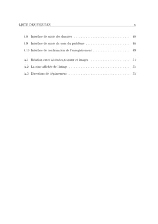 LISTE DES FIGURES                                                                       x


  4.8   Interface de saisie des données . . . . . . . . . . . . . . . . . . . . . . .   48

  4.9   Interface de saisie du nom du problème . . . . . . . . . . . . . . . . . .      48

  4.10 Interface de conrmation de l'enregistrement . . . . . . . . . . . . . . .       49


  A.1 Relation entre altitudes,niveaux et images . . . . . . . . . . . . . . . .        54

  A.2 La zone achée de l'image . . . . . . . . . . . . . . . . . . . . . . . . .       55

  A.3 Directions de déplacement . . . . . . . . . . . . . . . . . . . . . . . . .       55
 