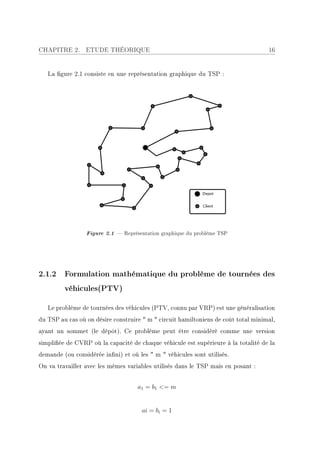 CHAPITRE 2.      ETUDE THÉORIQUE                                                    16


   La gure 2.1 consiste en une représentation graphique du TSP :




                 Figure 2.1  Représentation graphique du problème TSP




2.1.2 Formulation mathématique du problème de tournées des
         véhicules(PTV)

   Le problème de tournées des véhicules (PTV, connu par VRP) est une généralisation
du TSP au cas où on désire construire  m  circuit hamiltoniens de coût total minimal,
ayant un sommet (le dépôt). Ce problème peut être considéré comme une version
simpliée de CVRP où la capacité de chaque véhicule est supérieure à la totalité de la
demande (ou considérée inni) et où les  m  véhicules sont utilisés.
On va travailler avec les mêmes variables utilisés dans le TSP mais en posant :


                                    a1 = b1 = m


                                     ai = bi = 1
 