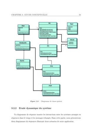 CHAPITRE 3. ETUDE CONCEPTUELLE                                                     34




                       Figure 3.6  Diagramme de classes général


3.2.2 Etude dynamique du système

   Un diagramme de séquence montre les interactions entre les systèmes arrangés en
séquences dans le temps et les messages échangés. Dans cette partie, nous présenterons
deux diagrammes de séquences illustrant deux scénarios de notre application.
 