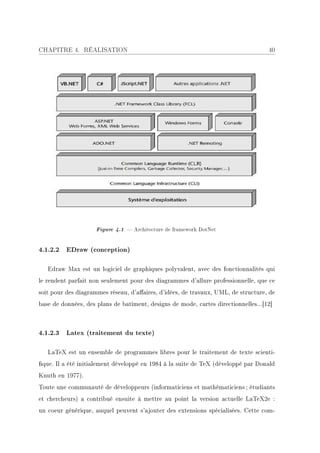 CHAPITRE 4. RÉALISATION                                                             40




                     Figure 4.1  Architecture de framework DotNet


4.1.2.2 EDraw (conception)

   Edraw Max est un logiciel de graphiques polyvalent, avec des fonctionnalités qui
le rendent parfait non seulement pour des diagrammes d'allure professionnelle, que ce
soit pour des diagrammes réseau, d'aaires, d'idées, de travaux, UML, de structure, de
base de données, des plans de batîment, designs de mode, cartes directionnelles...[12]



4.1.2.3 Latex (traitement du texte)

   LaTeX est un ensemble de programmes libres pour le traitement de texte scienti-
que. Il a été initialement développé en 1984 à la suite de TeX (développé par Donald
Knuth en 1977).
Toute une communauté de développeurs (informaticiens et mathématiciens ; étudiants
et chercheurs) a contribué ensuite à mettre au point la version actuelle LaTeX2e :
un coeur générique, auquel peuvent s'ajouter des extensions spécialisées. Cette com-
 