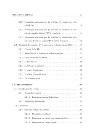 TABLE DES MATIÈRES                                                                        vi


        2.1.2   Formulation mathématique du problème de tournées des véhi-
                cules(PTV) . . . . . . . . . . . . . . . . . . . . . . . . . . . . .      16

        2.1.3   Formulation mathématique du problème de tournées des véhi-
                cules à capacités limitées(PTV à capacités) . . . . . . . . . . . .       18

        2.1.4   Formulation mathématique du problème de tournées des véhi-
                cules avec fenêtre de temps(PTV à fenêtre de temps) . . . . . .           19

  2.2   Résolution des variantes PTV basée sur la recherche taboue(RT) . . . .            19

        2.2.1   Principe de la RT . . . . . . . . . . . . . . . . . . . . . . . . . .     20

        2.2.2   Algorithme de la méthode de recherche taboue . . . . . . . . . .          21

        2.2.3   Choix de la solution initiale . . . . . . . . . . . . . . . . . . . .     22

        2.2.4   La liste taboue . . . . . . . . . . . . . . . . . . . . . . . . . . .     22

        2.2.5   La Mémoire Adaptative . . . . . . . . . . . . . . . . . . . . . .         23

        2.2.6   Le critère d'aspiration . . . . . . . . . . . . . . . . . . . . . . .     23

        2.2.7   Le critère d'intensication . . . . . . . . . . . . . . . . . . . . .     24

        2.2.8   Les critères d'arrêt . . . . . . . . . . . . . . . . . . . . . . . . .    24


3 Etude conceptuelle                                                                      26
  3.1   Spécication des besoins . . . . . . . . . . . . . . . . . . . . . . . . . .      26

        3.1.1   Besoins fonctionnels    . . . . . . . . . . . . . . . . . . . . . . . .   26

                3.1.1.1   Diagramme des cas d'utilisation       . . . . . . . . . . . .   27

        3.1.2   Besoins non fonctionnels . . . . . . . . . . . . . . . . . . . . . .      28

  3.2   Conception . . . . . . . . . . . . . . . . . . . . . . . . . . . . . . . . .      28

        3.2.1   Structure statique du système . . . . . . . . . . . . . . . . . . .       28

                3.2.1.1   Description des classes . . . . . . . . . . . . . . . . . .     28

                3.2.1.2   Diagramme de classes pour chaque problème . . . . . .           29

                3.2.1.3   Diagramme de classes général . . . . . . . . . . . . . .        33
 