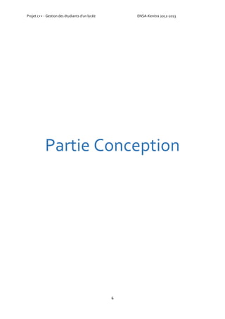 Projet c++ - Gestion des étudiants d’un lycée ENSA-Kenitra 2012-2013
4
Partie Conception
 