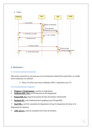 11
 Vente :
4. Réalisation :
4.1 Environnement matériel :
Mon projet semestriel ne nécessite pas un environnement matériel bien particulier, un simple
micro-ordinateur est suffisant.
 Donc j’ai utilisé mon micro-ordinateur DELL inspiration (core i7).
4.2 Environnement logiciel :
Windows 7 Professionnel : système d’exploitation.
NetBeans IDE 7.0.2 : environnement de développement.
PostgreSQL 9.2 : logiciel de gestion de base de données relationnelle.
Pgadmin III : outil d'administration graphique pour PostgreSQL .
StarUML : outil de conception de diagrammes tel que le diagramme de classe et le
diagramme de séquence.
AMC power : outil de conception de la base de données.
 