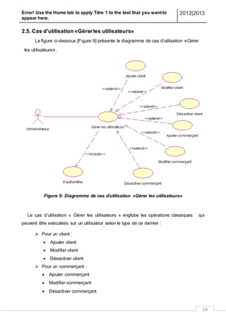 Error! Use the Home tab to apply Titre 1 to the text that you want to
appear here.
2012|2013
24
2.5. Cas d'utilisation «Gérerles utilisateurs»
La figure ci-dessous [Figure 9] présente le diagramme de cas d'utilisation «Gérer
les utilisateurs».
Figure 9: Diagramme de cas d'utilisation «Gérer les utilisateurs»
Le cas d’utilisation « Gérer les utilisateurs » englobe les opérations classiques qui
peuvent être exécutées sur un utilisateur selon le type de ce dernier :
 Pour un client :
 Ajouter client
 Modifier client
 Désactiver client
 Pour un commerçant :
 Ajouter commerçant
 Modifier commerçant
 Désactiver commerçant
 
