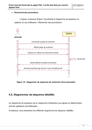 Error! Use the Home tab to apply Titre 1 to the text that you want to
appear here.
2012|2013
35
 Recherche des promotions
La figure ci-dessous [Figure 14] présente le diagramme de séquence du
système du cas d'utilisation «Recherche des promotions»
Figure 14 : Diagramme de séquence de recherche d'une promotion
4.2. Diagrammes de séquence détaillés
Un diagramme de séquence est un diagramme d'interaction qui expose en détail la façon
dont les opérations sont effectuées.
Ci-dessous, nous présentons les différents diagrammes de séquence détaillés:
 