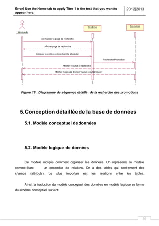 Error! Use the Home tab to apply Titre 1 to the text that you want to
appear here.
2012|2013
39
Figure 18 : Diagramme de séquence détaillé de la recherche des promotions
5.Conception détaillée de la base de données
5.1. Modèle conceptuel de données
5.2. Modèle logique de données
Ce modèle indique comment organiser les données. On représente le modèle
comme étant un ensemble de relations. On a des tables qui contiennent des
champs (attributs). Le plus important est les relations entre les tables.
Ainsi, la traduction du modèle conceptuel des données en modèle logique se forme
du schéma conceptuel suivant:
 