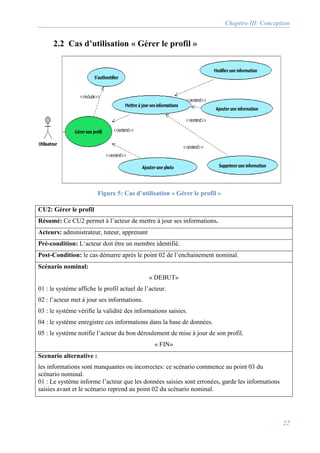 Chapitre III: Conception
22
2.2 Cas d’utilisation « Gérer le profil »
CU2: Gérer le profil
Résumé: Ce CU2 permet à l’acteur de mettre à jour ses informations.
Acteurs: administrateur, tuteur, apprenant
Pré-condition: L‘acteur doit être un membre identifié.
Post-Condition: le cas démarre après le point 02 de l’enchainement nominal.
Scénario nominal:
« DEBUT»
01 : le système affiche le profil actuel de l’acteur.
02 : l’acteur met à jour ses informations.
03 : le système vérifie la validité des informations saisies.
04 : le système enregistre ces informations dans la base de données.
05 : le système notifie l’acteur du bon déroulement de mise à jour de son profil.
« FIN»
Scenario alternative :
les informations sont manquantes ou incorrectes: ce scénario commence au point 03 du
scénario nominal.
01 : Le système informe l’acteur que les données saisies sont erronées, garde les informations
saisies avant et le scénario reprend au point 02 du scénario nominal.
Figure 5: Cas d’utilisation « Gérer le profil »
 