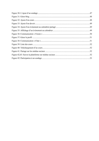 Figure 30: L’ajout d’un sondage ........................................................................................................47
Figure 31: Gérer blog .........................................................................................................................48
Figure 32: Ajout d’un cours ...............................................................................................................48
Figure 33: Ajout d’un devoir..............................................................................................................49
Figure 34: Ajout d’un évènement au calendrier partagé....................................................................49
Figure 35: Affichage d’un évènement au calendrier..........................................................................49
Figure 36: Communication « Forum »...............................................................................................50
Figure 37: Gérer le profil ...................................................................................................................51
Figure 38: Communication « Chat »..................................................................................................51
Figure 39: Liste des cours ..................................................................................................................52
Figure 40: Téléchargement d’un cours...............................................................................................52
Figure 41: Partage sur les médias sociaux .........................................................................................52
Figure 42,43: Suivre la plateforme sur médias sociaux .....................................................................52
Figure 45: Participation à un sondage................................................................................................53
 