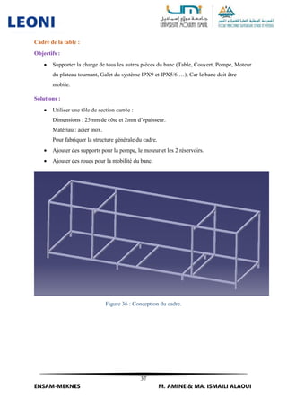 37
ENSAM-MEKNES M. AMINE & MA. ISMAILI ALAOUI
Cadre de la table :
Objectifs :
 Supporter la charge de tous les autres pièces du banc (Table, Couvert, Pompe, Moteur
du plateau tournant, Galet du système IPX9 et IPX5/6 …), Car le banc doit être
mobile.
Solutions :
 Utiliser une tôle de section carrée :
Dimensions : 25mm de côte et 2mm d’épaisseur.
Matériau : acier inox.
Pour fabriquer la structure générale du cadre.
 Ajouter des supports pour la pompe, le moteur et les 2 réservoirs.
 Ajouter des roues pour la mobilité du banc.
Figure 36 : Conception du cadre.
 
