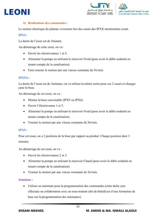 43
ENSAM-MEKNES M. AMINE & MA. ISMAILI ALAOUI
b) Réalisations des commandes :
Le moteur électrique du plateau va tourner lors des essais des IPXX mentionnées avant.
IPX4 :
La durée de l’essai est de 5minute.
Au démarrage de cette essai, on va :
 Ouvrir les électrovannes 1 et 4.
 Alimenter la pompe en utilisant le réservoir Froid (pour avoir le débit souhaité en
tenant compte de la canalisation).
 Faire tourner le moteur par une vitesse constante de 5tr/min.
IPX5/6 :
La durée de l’essai est de 3minutes, on va utiliser la même sortie pour ces 2 essais et changer
juste la buse.
Au démarrage de cet essai, on va :
 Monter la buse convenable (IPX5 ou IPX6).
 Ouvrir l’électrovanne 1 et 5.
 Alimenter la pompe en utilisant le réservoir Froid (pour avoir le débit souhaité en
tenant compte de la canalisation).
 Tourner le moteur par une vitesse constante de 5tr/min.
IPX9 :
Pour cet essai, on a 2 positions de la buse par rapport au produit. Chaque position dure 3
minutes.
Au démarrage de cet essai, on va :
 Ouvrir les électrovannes 2 et 3.
 Alimenter la pompe en utilisant le réservoir Chaud (pour avoir le débit souhaité en
tenant compte de la canalisation).
 Tourner le moteur par une vitesse constante de 5tr/min.
Solutions :
 Utiliser un automate pour la programmation des commandes (cette tâche sera
effectuée en collaboration avec un sous-traitant afin de bénéficier d’une formation de
base sur la programmation des automates).
 