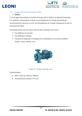 49
ENSAM-MEKNES M. AMINE & MA. ISMAILI ALAOUI
VI. Composants nécessaires pour le banc :
1. Pompe :
C’est un appareil permettant un transfert d’énergie entre le fluide et un dispositif mécanique.
Ces machines communiquent au fluide soit principalement de l’énergie potentielle par
accroissement de la pression en aval, soit principalement de l’énergie cinétique par la mise en
mouvement du fluide.
Une pompe permet ainsi de vaincre entre les deux extrémités d’un circuit :
 Une différence de pression.
 Une différence d’altitude.
 Une perte de charge due à la longueur de la canalisation et à ses divers accidents
(coudes, vannes, turbines, etc.).
Figure 52 : Pompe centrifuge à eau.
Caractéristiques :
 Débit variant de 10l/min à 100l/min.
 Fonctionnement normale à 70°C±5.
 