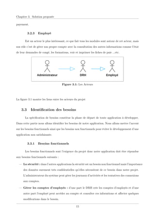 Chapitre 3. Solution proposée
payement.
3.2.3 Employé
Est un acteur le plus intéressant, ce que fait tous les modules sont autour de cet acteur, mais
son rôle c’est de gérer son propre compte avec la consultation des autres informations comme l’état
de leur demandes de congé, les formations, voir et imprimer les ﬁches de paie ...etc.
Figure 3.1: Les Acteurs
La ﬁgure 3.1 montre les liens entre les acteurs du projet
3.3 Identiﬁcation des besoins
La spéciﬁcation de besoins constitue la phase de départ de toute application à développer.
Dans cette partie nous allons identiﬁer les besoins de notre application. Nous allons mettre l’accent
sur les besoins fonctionnels ainsi que les besoins non fonctionnels pour éviter le développement d’une
application non satisfaisante.
3.3.1 Besoins fonctionnels
Les besoins fonctionnels sont l’exigence du projet donc notre application doit être répondue
aux besoins fonctionnels suivants :
— La sécurité : dans l’autres applications la sécurité est un besoin non fonctionnel mais l’importance
des données surement très conﬁdentielles qu’elles nécessitent de ce besoin dans notre projet.
L’administrateur du système peut gérer les journaux d’activités et les tentatives des connexions
aux comptes.
— Gérer les comptes d’employés : d’une part le DRH crée les comptes d’employés et d’une
autre part l’employé peut accéder au compte et consulter ces informtions et aﬀecter quelques
modiﬁcations dans le besoin.
15
 