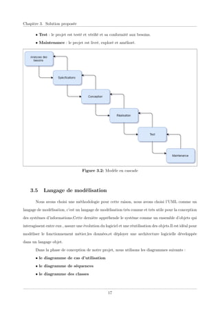 Chapitre 3. Solution proposée
• Test : le projet est testé et vériﬁé et sa conformité aux besoins.
• Maintenance : le projet est livré, exploré et amélioré.
Figure 3.2: Modèle en cascade
3.5 Langage de modélisation
Nous avons choisi une méthodologie pour cette raison, nous avons choisi l’UML comme un
langage de modélisation, c’est un langage de modélisation très connue et très utile pour la conception
des systèmes d’informations.Cette dernière appréhende le système comme un ensemble d’objets qui
interagissent entre eux , assure une évolution du logiciel et une réutilisation des objets.Il est idéal pour
modéliser le fonctionnement métier,les données,et déployer une architecture logicielle développée
dans un langage objet.
Dans la phase de conception de notre projet, nous utilisons les diagrammes suivants :
• le diagramme de cas d’utilisation
• le diagramme de séquences
• le diagramme des classes
17
 