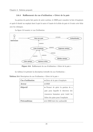 Chapitre 3. Solution proposée
3.8.4 Raﬃnement du cas d’utilisation « Gérer de la paie
La gestion de partie fait partie de notre système, le DRH peut consulter la liste d’employés
et après il choisit un employé dont il opte le mois et l’année de la ﬁche de paie et il traite cette ﬁche
avec les rubriques.
La ﬁgure 3.8 montre ce cas d’utilisation
Figure 3.8: Raﬃnement du cas d’utilisation « Gérer de la paie »
Le tableau 3.4 présente la description textuelle du cas d’utilisation :
Tableau 3.4: Description du cas d’utilisation « Gérer de la paie »
Cas d’utilisation • Gérer de la paie d’employés
Acteur • DRH
Objectif • Permet de gérer la gestion de a
paie pour laquelle le directeur des
ressources humaines peut traité les
ﬁches des paies pour l’employés
Préconditions • le DRH doit être authentiﬁé
25
 