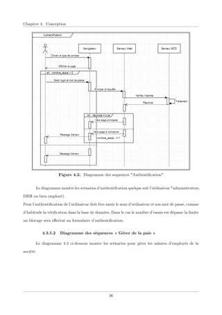 Chapitre 4. Conception
Figure 4.2: Diagramme des sequences "Authentiﬁcation"
Le diagramme montre les scénarios d’authentifcation quelque soit l’utilisateur "administrateur,
DRH ou bien employé).
Pour l’authentiﬁcation de l’utilisateur doit être saisir le nom d’utilisateur et son mot de passe, comme
d’habitude la vériﬁcation dans la base de données. Dans le cas le nombre d’essais est dépasse la limite
un blocage sera eﬀectué au formulaire d’authentiﬁcation.
4.3.5.2 Diagramme des séquences « Gérer de la paie »
Le diagramme 4.3 ci-dessous montre les scénarios pour gérer les salaires d’employés de la
société.
36
 