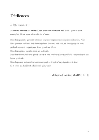 Dédicaces
Je dédie ce projet à :
Madame Sawssen MAHMOUDI, Madame Sourour MHENNI pour m’avoir
encadré et fait de leurs mieux aﬁn de m’aider.
Mes chers parents, que nulle dédicace ne puisse exprimer mes sincères sentiments, Pour
leurs patience illimitée, leur encouragement contenu, leur aide, en témoignage de Mon
profond amour et respect pour leurs grands sacriﬁces.
Mes chers grands parents, pour me assistant.
Mes chers frères pour leur grand amour et leur soutien qu’ils trouvent ici l’expression de ma
haute gratitude.
Mes chers amis qui sans leur encouragement ce travail n’aura jamais vu le jour.
Et à toute ma famille et à tous ceux que j’aime.
Mohamed Amine MAHMOUDI
ii
 