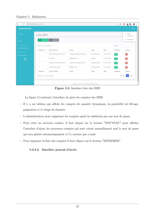 Chapitre 5. Réalisation
Figure 5.5: Interface liste des DRH
La ﬁgure 5.5 présente l’interface de gérer les comptes des DRH
— Il y a un tableau qui aﬃche les comptes de manière dynamique, la possibilité de ﬁltrage,
pagination et le triage de données.
— L’administrateur peut supprimer les comptes après la validation par son mot de passe.
— Pour créer un nouveau compte, il faut cliquer sur le bouton "NOUVEAU" pour aﬃcher
l’interface d’ajout les nouveaux comptes qui sont créent manuellement sauf le mot de passe
qui sera généré automatiquement et l’y envoyer par e-mail.
— Pour imprimer la liste des comptes il faut cliquer sur le bouton "IMPRIMER".
5.2.2.2 Interface journal d’accès
47
 