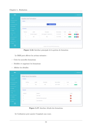 Chapitre 5. Réalisation
Figure 5.16: Interface principale de la gestion de formation
Le DRH peut aﬀecter les actions suivantes :
— Créer les nouvelles formations
— Modiﬁer et supprimer les formations
— Aﬃcher les détailles
Figure 5.17: Interface détails des formations
Ici l’utilisateur peut ajouter l’employés aux cours.
55
 