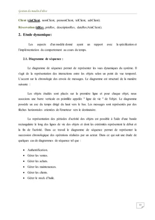 Gestion du moulin d'olive
33
Client (cinClient, nomClient, prenomClient, telClient, adrClient).
Réservation (idRsv, prixRsv, descriptionRsv, dateRsv,#cinClient).
2. Etude dynamique:
Les aspects d'un modèle donné ayant un rapport avec la spécification et
l’implémentation du comportement au cours du temps.
2.1. Diagramme de séquence :
Le diagramme de séquence permet de représenter les vues dynamiques du système. Il
s'agit de la représentation des interactions entre les objets selon un point de vue temporel.
L’accent sur la chronologie des envois de messages. Le diagramme est structuré de la manière
suivante :
Les objets étudiés sont placés sur la première ligne et pour chaque objet, nous
associons une barre verticale en pointillée appelée " ligne de vie " de l'objet. Le diagramme
possède un axe du temps dirigé du haut vers le bas. Les messages sont représentés par des
flèches horizontales orientées de l'émetteur vers le destinataire.
La représentation des périodes d'activité des objets est possible à l'aide d'une bande
rectangulaire le long des lignes de vie des objets et dont les extrémités représentent le début et
la fin de l'activité. Dans ce travail le diagramme de séquence permet de représenter la
succession chronologique des opérations réalisées par un acteur. Dans ce qui suit une étude de
quelques cas de diagrammes de séquence tel que :
 Authentification.
 Gérer les ventes.
 Gérer les achats.
 Gérer les maintenances.
 Gérer les clients.
 Gérer le stock d’huile.
 
