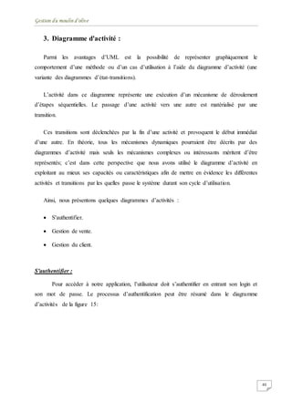 Gestion du moulin d'olive
40
3. Diagramme d'activité :
Parmi les avantages d’UML est la possibilité de représenter graphiquement le
comportement d’une méthode ou d’un cas d’utilisation à l’aide du diagramme d’activité (une
variante des diagrammes d’état-transitions).
L’activité dans ce diagramme représente une exécution d’un mécanisme de déroulement
d’étapes séquentielles. Le passage d’une activité vers une autre est matérialisé par une
transition.
Ces transitions sont déclenchées par la fin d’une activité et provoquent le début immédiat
d’une autre. En théorie, tous les mécanismes dynamiques pourraient être décrits par des
diagrammes d’activité mais seuls les mécanismes complexes ou intéressants méritent d’être
représentés; c’est dans cette perspective que nous avons utilisé le diagramme d’activité en
exploitant au mieux ses capacités ou caractéristiques afin de mettre en évidence les différentes
activités et transitions par les quelles passe le système durant son cycle d’utilisation.
Ainsi, nous présentons quelques diagrammes d’activités :
 S'authentifier.
 Gestion de vente.
 Gestion du client.
S'authentifier :
Pour accéder à notre application, l’utilisateur doit s’authentifier en entrant son login et
son mot de passe. Le processus d’authentification peut être résumé dans le diagramme
d’activités de la figure 15:
 