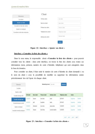 Gestion du moulin d'olive
53
Figure 22 : Interface « Ajouter un client »
Interface « Consulter la liste des clients »
Dans le sous menu, le responsable choisi « Consulter la liste des clients » pour pouvoir
consulter tous les clients : dans cette interface, on trouve la liste des clients avec toutes ses
informations (nom, prénom, numéro de carte d’identité, téléphone) qui sont enregistrés dans
la base de données.
Pour consulter un client, il faut saisir le numéro de carte d’identite de client demandé ( ou
le nom du client ) avec la possibilité de modifier ou supprimer les informations saisies
précédemment lors de l’ajout de chaque client.
Figure 23 : Interface « Consulter la liste des clients »
 
