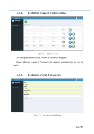 Page | 16
2.3.2. L’interface d’accueil d’administrateur
figure 9: page d’accueil
Dans cette page l’administrateur consulte les utilisateurs enregistrés.
Chaque utilisateurs connecté à l’application elle enregistrer automatiquement au base de
donnée.
2.3.3. L’interface d’ajout d’utilisateurs
figure 10: page d’ajout d’utilisateurs
 