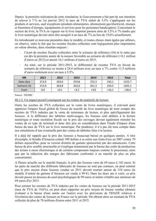 Depuis la première réalisation de cette simulation, le Gouvernement a fait part de son intention
de relever à 7 % au 1er janvier 2012 le taux de TVA réduit de 5,5% s’appliquant sur les
produits et services, sauf exceptions (produits alimentaires, abonnement gaz/électricité, réseaux
et fourniture d’énergie, équipements et services pour les personnes handicapées). Concernant le
secteur du livre, la TVA en vigueur sur le livre imprimé passera ainsi de 5,5% à 7% tandis que
le livre numérique devrait alors être assujetti à un taux de 7% au lieu de 19,6% actuellement.
En introduisant ce nouveau paramètre dans le modèle, et toutes choses étant égales par ailleurs,
on observe, outre le fait que les recettes fiscales collectées sont logiquement plus importantes
en valeur absolue, deux résultats majeurs :
   -   l’écart de recettes fiscales collectées entre le scénario de référence (1b) et le statu quo
       est dès la première année de la mesure favorable au scénario de référence (+0,1 million
       d’euros en 2012) et atteint 16,1 millions d’euros en 2015,
   -   Au total, sur la période 2011-2015, le différentiel de recettes TVA en faveur du
       scénario de référence se monte à 28,4 millions avec un taux à 7% contre 11,5 millions
       d’euros seulement avec un taux à 5,5%.
      M€            2011          2012         2013          2014          2015          Total
   Statu Quo        213,9         264,6        259,8         252,3         243,1        1233,7
  Scénario 1b       213,9         264,8        263,0         261,3         259,2        1262,1
     Ecart           0,0           +0,1         +3,2          +9,0         +16,1         +28,4
Source : DGMIC
III.3.2. Un impact positif conséquent sur les ventes de matériels de lecture.
Outre les recettes de TVA collectées sur la vente de livres numériques, il convient pour
apprécier l'impact fiscal global de l'essor du marché du livre numérique de tenir compte des
recettes de TVA induites par la vente de terminaux de lecture, et plus spécifiquement des
liseuses. A la différence des tablettes multi-usages, les liseuses sont dédiées à la lecture
numérique et toute incitation fiscale sur le prix des ouvrages devrait également stimuler les
ventes de ce type de terminal et donc être pris en considération dans l'étude d'impact d'une
baisse du taux de TVA sur le livre numérique. Par prudence, il n’a pas été tenu compte dans
nos simulations d’une éventuelle part des ventes de tablettes liées à la lecture.
Il a déjà été rappelé que le prix des liseuses a beaucoup baissé en quelques années. A titre
d'exemple, le Kindle d'Amazon coûtait 399 dollars à sa sortie aux Etats-Unis en 2007 contre 79
dollars aujourd'hui, pour sa version d'entrée de gamme sponsorisée par des annonceurs. Cette
baisse de prix semble structurelle et s'explique notamment par la baisse des coûts de production
des écrans à encre électronique et de certains composants majeurs comme le processeur, ainsi
que par la réduction des marges des fabricants confrontés à un marché de plus en plus
concurrentiel.
A l'heure actuelle sur le marché français, le prix des liseuses varie de 69 euros à 142 euros. Si
les parts de marché des différents fabricants de liseuses ne sont pas connues, on peut estimer
que le prix moyen d'une liseuses vendue en 2011 devrait tourner autour de 110 euros (le
modèle d’entrée de gamme d’Amazon est vendu à 99 €). Dans les deux ans à venir, ce prix
devrait passer en dessous du seuil psychologique de 99 euros et même s'établir aux alentours de
69 euros d'ici 2015.
Pour estimer les recettes de TVA induites par les ventes de liseuses sur la période 2011-2015
(taux de TVA de 19,6%), on peut alors rapporter un prix moyen de liseuse vendue (donnée
évoluant à la baisse d'une année sur l'autre) avec les prévisions de l'IDATE relatives à
l'évolution des ventes de liseuses en France sur la période. On obtient alors un montant de TVA
collectée de plus de 78 millions d'euros entre 2011 et 2015.

                                                                                                 30
 