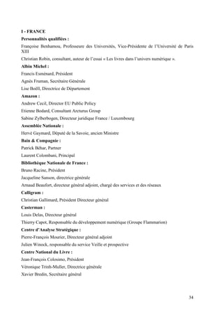 I - FRANCE
Personnalités qualifiées :
Françoise Benhamou, Professeure des Universités, Vice-Présidente de l’Université de Paris
XIII
Christian Robin, consultant, auteur de l’essai « Les livres dans l’univers numérique ».
Albin Michel :
Francis Esménard, Président
Agnès Fruman, Secrétaire Générale
Lise Boëll, Directrice de Département
Amazon :
Andrew Cecil, Director EU Public Policy
Etienne Bodard, Consultant Arcturus Group
Sabine Zylberbogen, Directeur juridique France / Luxembourg
Assemblée Nationale :
Hervé Gaymard, Député de la Savoie, ancien Ministre
Bain & Compagnie :
Patrick Béhar, Partner
Laurent Colombani, Principal
Bibliothèque Nationale de France :
Bruno Racine, Président
Jacqueline Sanson, directrice générale
Arnaud Beaufort, directeur général adjoint, chargé des services et des réseaux
Calligram :
Christian Gallimard, Président Directeur général
Casterman :
Louis Delas, Directeur général
Thierry Capot, Responsable du développement numérique (Groupe Flammarion)
Centre d’Analyse Stratégique :
Pierre-François Mourier, Directeur général adjoint
Julien Winock, responsable du service Veille et prospective
Centre National du Livre :
Jean-François Colosimo, Président
Véronique Trinh-Muller, Directrice générale
Xavier Bredin, Secrétaire général




                                                                                          34
 