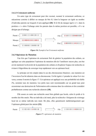 Chapitre 3 : les algorithmes génétiques
40S.BENHMIRA S.MEJDAOUI
3.4.2.3 Croisement uniforme
Un autre type de croisement peut être recensé, nommé le croisement uniforme, ce
mécanisme consiste à définir un masque de bits 0,1 dont la longueur est égale au nombre
d’individus parents sur lesquels il sera appliqué [20]. Si le bit du masque égal à «1 » dans la
position « i » alors l’échange entre les parents dans la même position est possible, « 0 » ne
désigne pas d’échange.
3.4.3 Opérateur de Mutation
Une fois que l’opérateur de croisement finit de générer la population des enfants, on
applique sur cette population l’opérateur de mutation afin de l’améliorer encore plus, son but
est de maintenir la diversité de la population des enfants et d'explorer l'espace de recherche en
évitant à l'algorithme de converger trop rapidement vers un optimum local.
Le principe est très simple (dans le cas des chromosomes binaires) ; une mutation est
l’inversion d’un bit aléatoire dans un chromosome. Un bit égale à 1 prendra la valeur 0 et vice
versa, comme il montre la figure 17. Cet opérateur est appliqué avec une probabilité très faible
Pm, nommée taux de mutation. Les petits taux sont recommandés car un grand taux peut
occasionner une destruction de l'information utile contenue dans les solutions et être considéré
probablement comme une recherche aléatoire [18].
Elle assure en outre une recherche aussi bien globale que locale, selon le poids et le
nombre des bits mutés. Plus un individu a été muté, plus la recherche s’éloignera du voisinage
local de ce même individu non muté. De plus, elles garantissent mathématiquement que
l’optimum global peut être atteint [21].
1 0 0 1 1 1 0 0 1 0 1 1
1 1 0 0 0 1 1 0 0 0 1 0
Figure 16: Exemple d’un Croisement uniforme
figure 20
Parent 1
Parent 2
1 1 0 1 1 1 0 0 0 0 0 0
1 0 0 0 0 1 1 0 1 0 1 1
Fils 1
Fils 2
1 1 0 0 0 1 0 1 1 0 0 1Masque
1 1 0 1 0 1 1 1 0 0 1 0 1 1 0 1 0 1 1 0 0 0 1 0Parent Fils
Figure 17 : opérateurs de mutation
figure 21
 