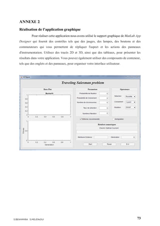 73S.BENHMIRA S.MEJDAOUI
Annexe 2
Réalisation de l’application graphique
Pour réaliser cette application nous avons utilisé le support graphique de MatLab App
Designer qui fournit des contrôles tels que des jauges, des lampes, des boutons et des
commutateurs qui vous permettent de répliquer l'aspect et les actions des panneaux
d'instrumentation. Utilisez des tracés 2D et 3D, ainsi que des tableaux, pour présenter les
résultats dans votre application. Vous pouvez également utiliser des composants de conteneur,
tels que des onglets et des panneaux, pour organiser votre interface utilisateur.
 
