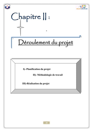 24 
CCChhhaaapppiiitttrrreee IIIIII ::: 
. 
Déroulement du projet 
I)- Planification du projet 
II)- Méthodologie de travail 
III)-Réalisation du projet 
 