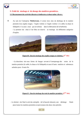 34 
1- Unité de stockage et de dosage des matières premières. 
1-1 Recensement des activités directes et indirectes et observation divers : 
 Au sein de l’entreprise Multicérame, il existe trois sites de décharge de la matière première (Les argiles rouges; l’argile violette 2, l’argile violette 3, le sable; la chaux le feldspath et la casse crue) qui est utilisée dans la fabrication de la barbotine. 
- Le premier site situé à l’air libre est réservé au stockage de différentes catégories d’argiles. 
Figure10 : lieu de stockage des argiles rouges et violettes. (1er site) 
- Le deuxième site sous forme de hangar servant à l’entreposage des restes de la matière première (le sable, la chaux et le feldspath) et aussi d’autre matières et substances achetées pour d’autre fin. 
Figure11 : lieu de stockage du reste la matière première. (2ème site) 
- Le dernier site final à coté des entrepôts de la bascule (doseur), une décharge finale pour toutes les matières premières en provenance des deux sites précités.  
