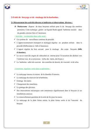 37 
2-Unité de broyage et de stockage de la barbotine. 
2-1 Recensement des activités directes et indirectes et observations diverses : 
 Muticerame dispose de deux broyeurs utilisés pour le de broyage des matières premières. Cette technique génère un liquide fluide appelé barbotine stockée dans de grandes citernes liées à l’atomiseur. 
- Activités inventoriées dans cette unité : 
 Un système de surveillance continue du procédé. 
 L’approvisionnement (transport et stockage) régulier en produits utilisés dans le procédé (Défloculant et bille d’alumines). 
 L’apport régulier du bois servant pour le stockage des corps broyants (bille d’alumine). 
 Le vas et vient des engins de véhiculant en interne pour l’évacuation des déchets vers l’extérieur issu de ce processus (refus des tamis, des boues.) 
 La barbotine subit très souvent des contrôles de densité, de viscosité et de refus. 
- Entretiens réguliers notés dans ce périmètre : 
 Le nettoyage interne et externe de la chambre d’armoire. 
 Le nettoyage du réservoir de la barbotine. 
 Grattage des tamis. 
 Changement des manchons. 
 Le grattage des gliciéres. 
 Des interventions mécaniques sont entretenues régulièrement dans le broyeur et ses installations annexes 
 Le renouvellement quotidien de la toile de fer pour les tamis. 
 Le nettoyage de la plate forme entrée, la plate forme sortie et de l’enceinte du broyeur. 
 