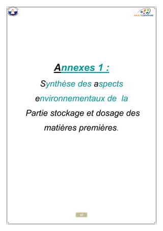 67 
Annexes 1 : 
Synthèse des aspects environnementaux de la 
Partie stockage et dosage des matières premières. 
 