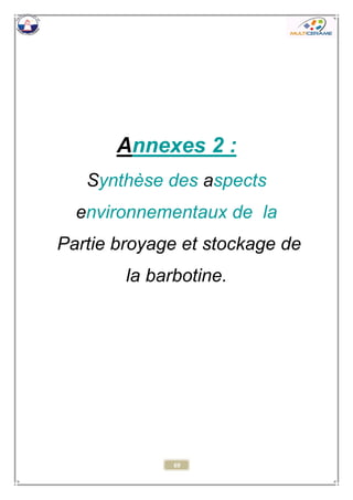 69 
Annexes 2 : 
Synthèse des aspects environnementaux de la 
Partie broyage et stockage de la barbotine. 
 