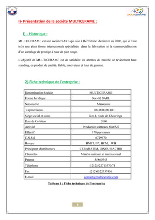 8 
I)- Présentation de la société MULTICERAME : 
1) - Historique : 
MULTICERAME est une société SARL qui sise à Berrechide démarrée en 2006, qui se veut telle une plate forme internationale spécialisée dans la fabrication et la commercialisation d’un carrelage de prestige à base de pâte rouge. 
L’objectif de MULTICERAME est de satisfaire les attentes du marché de revêtement haut standing, en produit de qualité, fiable, innovateur et haut de gamme. 
2)-Fiche technique de l’entreprise : 
Dénomination Sociale 
MULTICERAME 
Forme Juridique 
Société SARL 
Nationalité 
Marocaine 
Capital Social 
100.000.000 DH 
Siège social et usine 
Km 4, route de Khouribga 
Date de Création 
2006 
Activité 
Production carreaux Mur/Sol 
Effectif 
170 personnes 
C.N.S.S 
6729670 
Banque 
BMCI, BP, BCM, WB 
Principaux distributeurs 
CERABATIM, IBNOU BACHIR 
Clientèles 
Marché national et international 
Patente 
55860743 
Téléphone 
( 212)522713370/71 
Fax 
(212)0522337456 
E-mail 
contact@multicerame.com 
Tableau 1 : Fiche technique de l’entreprise  