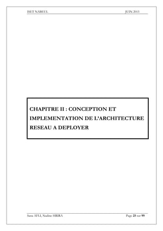 ISET NABEUL JUIN 2015
Sana AFLI, Nadine HRIRA Page 25 sur 99
CHAPITRE II : CONCEPTION ET
IMPLEMENTATION DE L’ARCHITECTURE
RESEAU A DEPLOYER
 