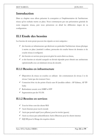 ISET NABEUL JUIN 2015
Sana AFLI, Nadine HRIRA Page 26 sur 99
Introduction
Dans ce chapitre nous allons présenter la conception et l’implémentation de l’architecture
réseau qu'on souhaite mettre en place. Nous commençons par une présentation générale de
notre maquette réseau, puis nous présentons en détail les différentes étapes de sa
configuration.
II.1 Etude des besoins
Les besoins de notre projet peuvent être répartis en trois catégories :
 des besoins en infrastructure qui décrivent en particulier l'architecture réseau physique
à mettre en place (matériel à utiliser, protocoles de couche liaison de données et de
couche réseau à configurer)
 des besoins en services pour pouvoir gérer les accès client au réseau,
 et des besoins en sécurité auxquels on devrait répondre pour obtenir une architecture
opérationnelle avec un minimum niveau de sécurité.
II.1.1 Besoins en infrastructure
 Disposition du réseau en couches en utilisant des commutateurs de niveau 2 et de
niveau 3 ainsi que des routeurs Cisco
 Connexion hôte via des points d’accès sans fil (modèles utilisés : AP Edimax, AP TP-
Link)
 Redondance assurée avec HSRP et STP
 Segmentation par des VLAN
II.1.2 Besoins en services
 Tous les hôtes sont des clients Wifi
 Accès Internet pour tout le monde
 Accès par portail captif (avec pfSense) pour les invités (guests)
 Accès au réseau par authentification Active Directory pour les clients internes
 SQUID pour le filtrage des requêtes clients
 
