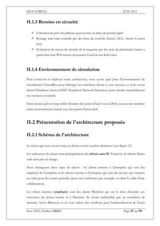 ISET NABEUL JUIN 2015
Sana AFLI, Nadine HRIRA Page 27 sur 99
II.1.3 Besoins en sécurité
 Utilisation du pare-feu pfSense pour la mise en place du portail captif
 Routage inter-vlan contrôlé par des listes de contrôle d'accès (ACL, Access Control
List)
 Evaluation du niveau de sécurité de la maquette par des tests de pénétration lancés à
partir d'un hôte Wifi interne moyennant l'outil de test Kali Linux
II.1.4 Environnement de simulation
Pour concevoir et déployer notre architecture, nous avons opté pour l'environnement de
virtualisation VirtualBox pour héberger nos machines clients et nos serveurs, et nous avons
choisi l'émulateur réseau GNS3 (Graphical Network Simulator) pour simuler matériellement
nos routeurs et switchs.
Etant donné qu'il est impossible d'émuler des points d'accès sous GNS3, nous avons interfacé
notre environnement simulé avec des points d'accès réels.
II.2 Présentation de l'architecture proposée
II.2.1 Schéma de l'architecture
Le réseau que nous avons conçu se divise en trois couches distinctes (voir figure 13).
Les utilisateurs du réseau sont principalement des clients sans fil. Toutefois, les clients filaires
sont aussi pris en charge.
Nous distinguons deux types de clients : les clients internes à l'entreprise qui sont des
employés de l'entreprise et les clients externes à l'entreprise qui sont des invités, qui viennent
en visite pour de courtes périodes (pour une conférence par exemple, ou dans le cadre d'une
collaboration).
Les clients internes (employés) sont des clients Windows qui ont le droit d'accéder aux
ressources du réseau interne et à l'Internet. Ils seront authentifiés par un contrôleur de
domaine Active Directory et ils vont utiliser des certificats pour l'authentification de l'accès
 