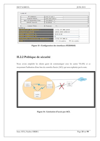 ISET NABEUL JUIN 2015
Sana AFLI, Nadine HRIRA Page 33 sur 99
Figure 15 : Configuration des interfaces d’EDIMAX
II.2.2 Politique de sécurité
Nous avons empêché les clients guest de communiquer avec les autres VLANs et ce
moyennant l'utilisation d'une liste de contrôle d'accès (ACL) qui sera explicitée par la suite.
Figure 16 : Limitation d'accès par ACL
 
