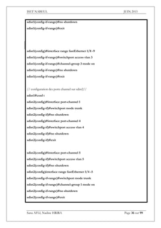 ISET NABEUL JUIN 2015
Sana AFLI, Nadine HRIRA Page 36 sur 99
sdist1(config-if-range)#no shutdown
sdist1(config-if-range)#exit
sdist1(config)#interface range fastEthernet 1/8 -9
sdist1(config-if-range)#switchport access vlan 3
sdist1(config-if-range)#channel-group 3 mode on
sdist1(config-if-range)#no shutdown
sdist1(config-if-range)#exit
// configuration des ports channel sur sdist2//
sdist1#conf t
sdist2(config)#interface port-channel 1
sdist2(config-if)#switchport mode trunk
sdist2(config-if)#no shutdown
sdist2(config)#interface port-channel 4
sdist2(config-if)#switchport access vlan 4
sdist2(config-if)#no shutdown
sdist2(config-if)#exit
sdist2(config)#interface port-channel 5
sdist2(config-if)#switchport access vlan 5
sdist2(config-if)#no shutdown
sdist2(config)interface range fastEthernet 1/4 -5
sdist2(config-if-range)#switchport mode trunk
sdist2(config-if-range)#channel-group 1 mode on
sdist2(config-if-range)#no shutdown
sdist2(config-if-range)#exit
 
