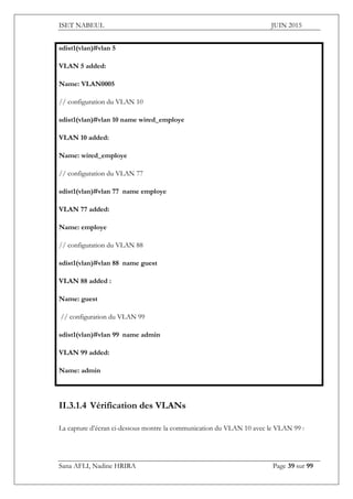ISET NABEUL JUIN 2015
Sana AFLI, Nadine HRIRA Page 39 sur 99
sdist1(vlan)#vlan 5
VLAN 5 added:
Name: VLAN0005
// configuration du VLAN 10
sdist1(vlan)#vlan 10 name wired_employe
VLAN 10 added:
Name: wired_employe
// configuration du VLAN 77
sdist1(vlan)#vlan 77 name employe
VLAN 77 added:
Name: employe
// configuration du VLAN 88
sdist1(vlan)#vlan 88 name guest
VLAN 88 added :
Name: guest
// configuration du VLAN 99
sdist1(vlan)#vlan 99 name admin
VLAN 99 added:
Name: admin
II.3.1.4 Vérification des VLANs
La capture d’écran ci-dessous montre la communication du VLAN 10 avec le VLAN 99 :
 