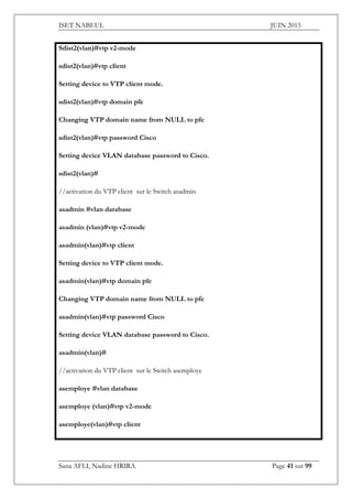 ISET NABEUL JUIN 2015
Sana AFLI, Nadine HRIRA Page 41 sur 99
Sdist2(vlan)#vtp v2-mode
sdist2(vlan)#vtp client
Setting device to VTP client mode.
sdist2(vlan)#vtp domain pfe
Changing VTP domain name from NULL to pfe
sdist2(vlan)#vtp password Cisco
Setting device VLAN database password to Cisco.
sdist2(vlan)#
//activation du VTP client sur le Switch asadmin
asadmin #vlan database
asadmin (vlan)#vtp v2-mode
asadmin(vlan)#vtp client
Setting device to VTP client mode.
asadmin(vlan)#vtp domain pfe
Changing VTP domain name from NULL to pfe
asadmin(vlan)#vtp password Cisco
Setting device VLAN database password to Cisco.
asadmin(vlan)#
//activation du VTP client sur le Switch asemploye
asemploye #vlan database
asemploye (vlan)#vtp v2-mode
asemploye(vlan)#vtp client
 