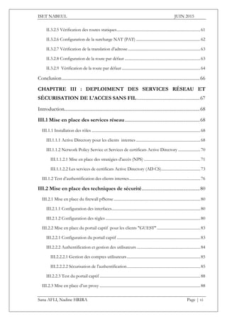 ISET NABEUL JUIN 2015
Sana AFLI, Nadine HRIRA Page | vi
II.3.2.5 Vérification des routes statiques...................................................................................61
II.3.2.6 Configuration de la surcharge NAT (PAT) ................................................................62
II.3.2.7 Vérification de la translation d’adresse........................................................................63
II.3.2.8 Configuration de la route par défaut ...........................................................................63
II.3.2.9 Vérification de la route par défaut ..............................................................................64
Conclusion....................................................................................................................66
CHAPITRE III : DEPLOIMENT DES SERVICES RÉSEAU ET
SÉCURISATION DE L'ACCES SANS FIL.....................................................67
Introduction..................................................................................................................68
III.1 Mise en place des services réseau...............................................................68
III.1.1 Installation des rôles ............................................................................................................68
III.1.1.1 Active Directory pour les clients internes................................................................68
III.1.1.2 Network Policy Service et Services de certificats Active Directory ......................70
III.1.1.2.1 Mise en place des stratégies d'accès (NPS) ........................................................71
III.1.1.2.2 Les services de certificats Active Directory (AD CS).......................................73
III.1.2 Test d’authentification des clients internes.......................................................................76
III.2 Mise en place des techniques de sécurité.................................................80
III.2.1 Mise en place du firewall pfSense......................................................................................80
III.2.1.1 Configuration des interfaces........................................................................................80
III.2.1.2 Configuration des règles ..............................................................................................80
III.2.2 Mise en place du portail captif pour les clients "GUEST" ...........................................83
III.2.2.1 Configuration du portail captif ...................................................................................83
III.2.2.2 Authentification et gestion des utilisateurs ...............................................................84
III.2.2.2.1 Gestion des comptes utilisateurs.........................................................................85
III.2.2.2.2 Sécurisation de l'authentification.........................................................................85
III.2.2.3 Test du portail captif ....................................................................................................88
III.2.3 Mise en place d’un proxy ....................................................................................................88
 