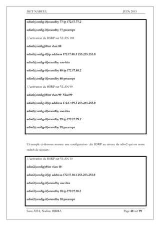 ISET NABEUL JUIN 2015
Sana AFLI, Nadine HRIRA Page 48 sur 99
sdist1(config-if)standby 77 ip 172.17.77.2
sdist1(config-if)standby 77 preempt
//activation du HSRP sur VLAN 188
sdist1(config)#int vlan 88
sdist1(config-if)ip address 172.17.88.3 255.255.255.0
sdist1(config-if)standby use-bia
sdist1(config-if)standby 88 ip 172.17.88.2
sdist1(config-if)standby 88 preempt
//activation du HSRP sur VLAN 99
sdist1(config)#int vlan 99 Vlan99
sdist1(config-if)ip address 172.17.99.3 255.255.255.0
sdist1(config-if)standby use-bia
sdist1(config-if)standby 99 ip 172.17.99.2
sdist1(config-if)standby 99 preempt
L’exemple ci-dessous montre une configuration du HSRP au niveau du sdist2 qui est notre
switch de secours :
//activation du HSRP sur VLAN 10
sdist2(config)#int vlan 10
sdist2(config-if)ip address 172.17.10.1 255.255.255.0
sdist2(config-if)standby use-bia
sdist2(config-if)standby 10 ip 172.17.10.2
sdist2(config-if)standby 10 preempt
 